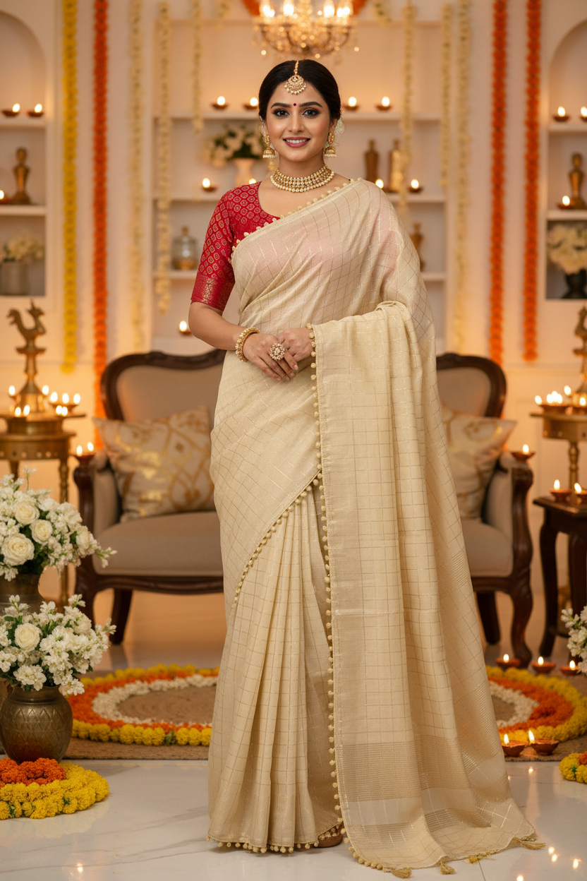 Ivory Checked Cotton Saree