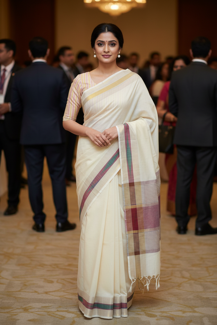 Light cream / Ivory Pure Cotton Saree