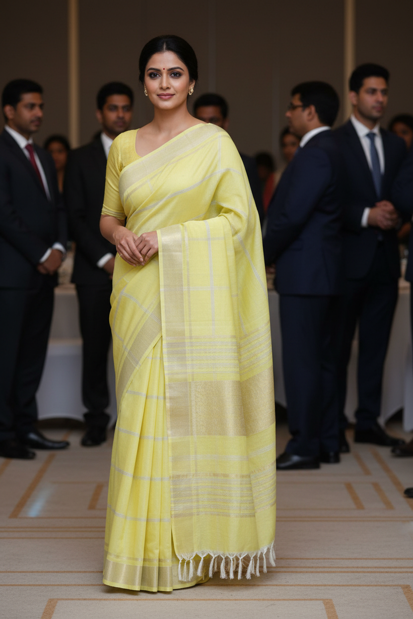 Soft Yellow Jute Cotton Saree - Fine Stripes
