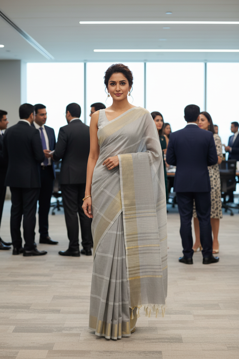 Light Grey Jute Cotton Saree - Fine Stripes