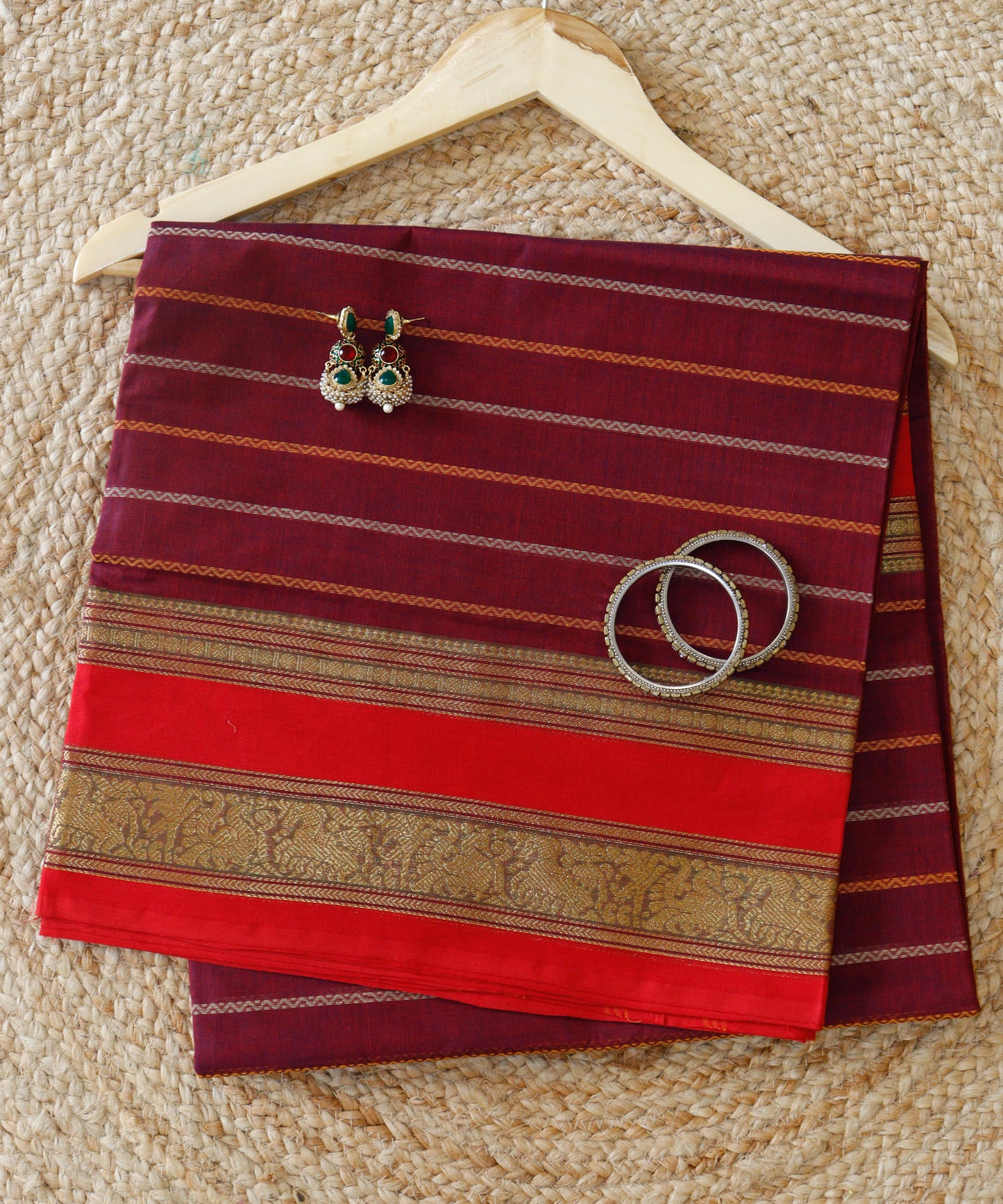 Deep Maroon Cotton Saree - Timeless Stripes