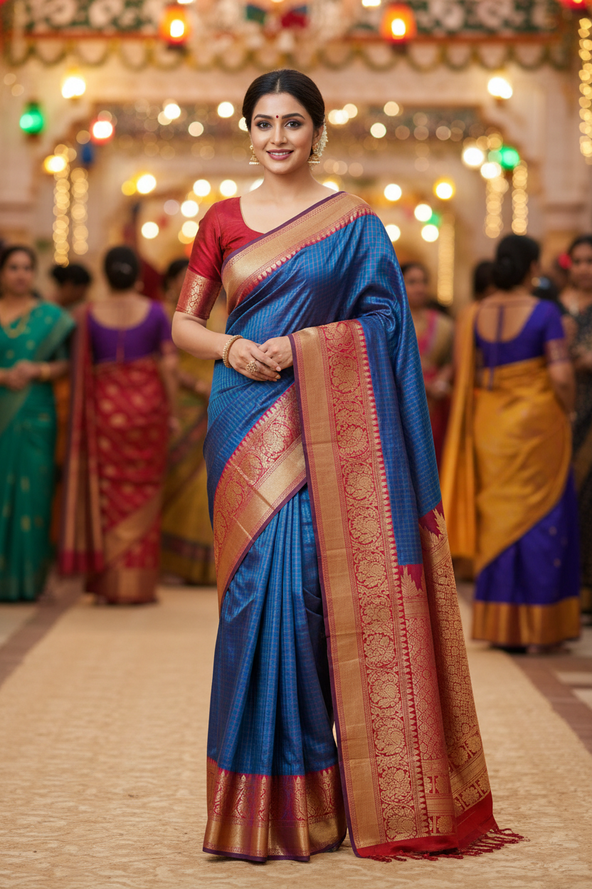Vintage Indigo Blue Cotton Saree | Fine checks