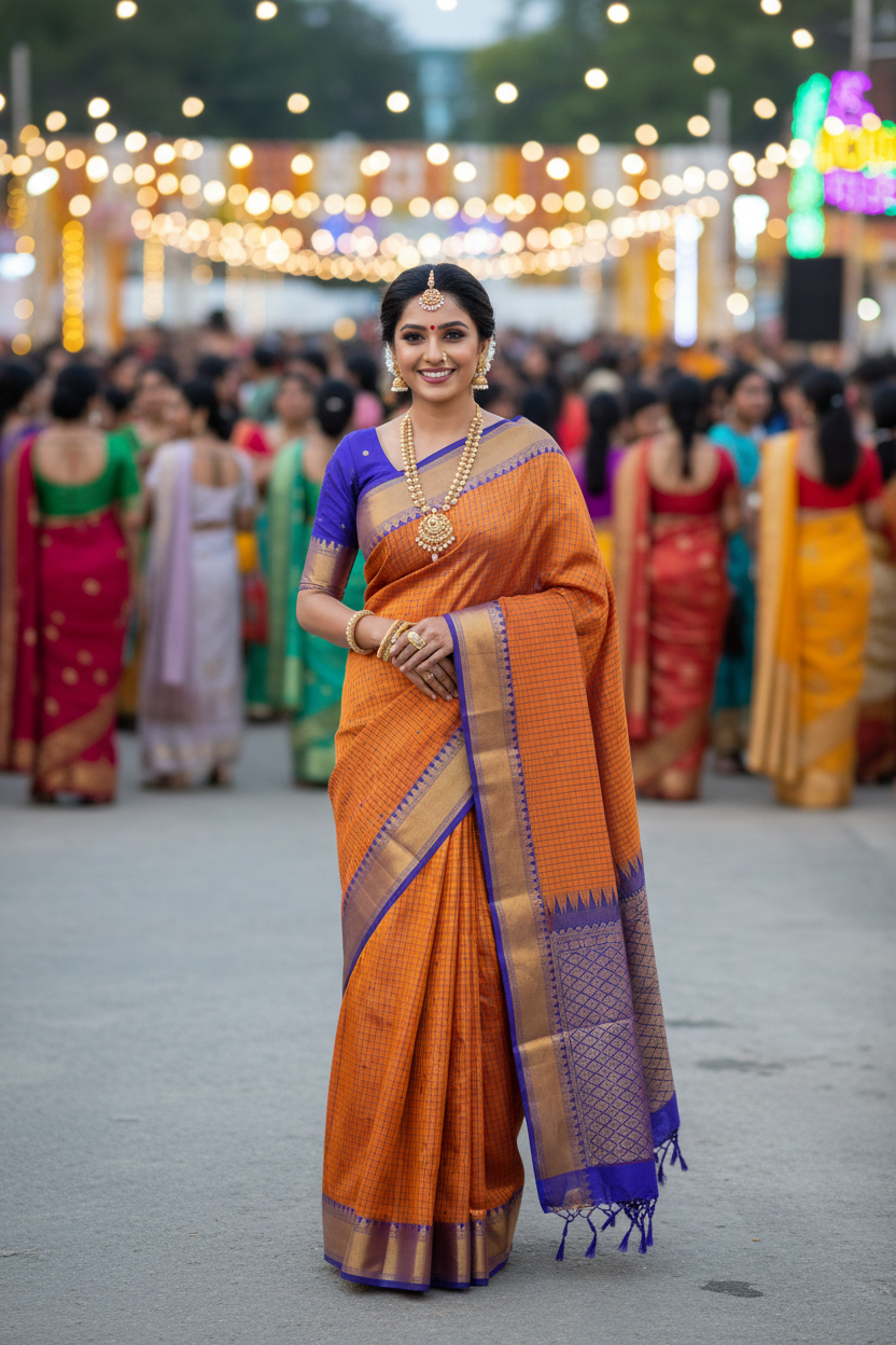 Vintage Orange Cotton Saree | Fine checks