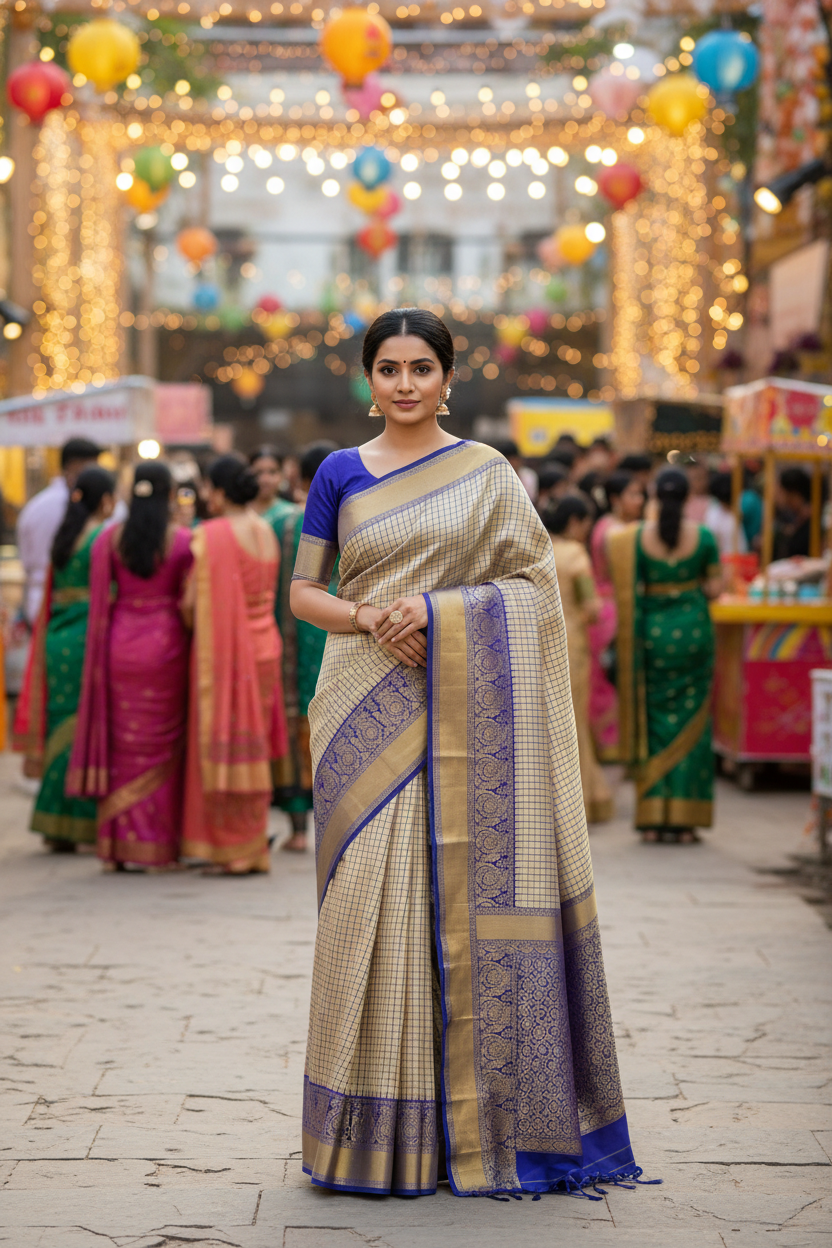 Vintage Off-White Cotton Saree | Fine checks
