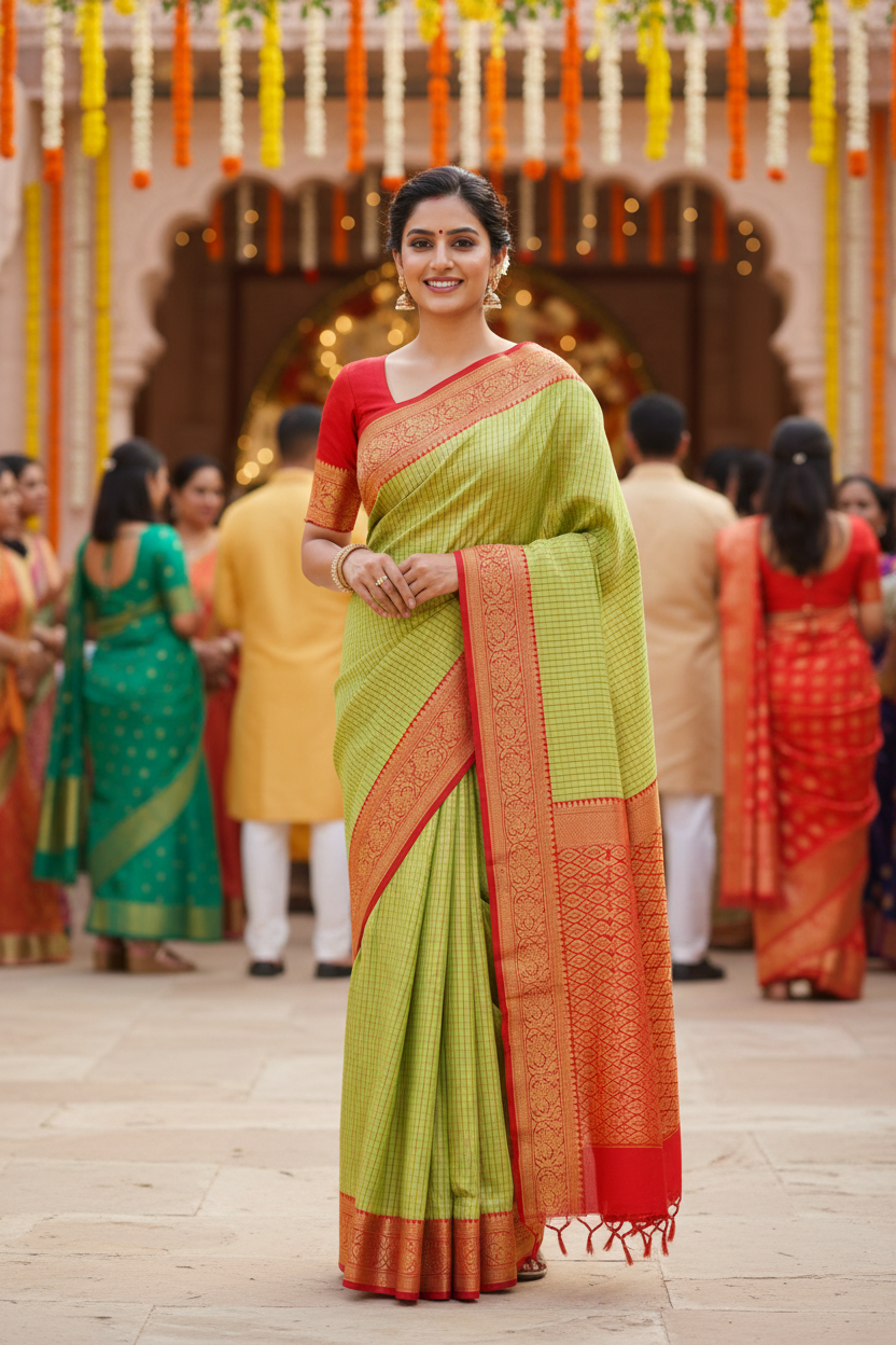 Vintage Light Pista Green Cotton Saree | Fine checks