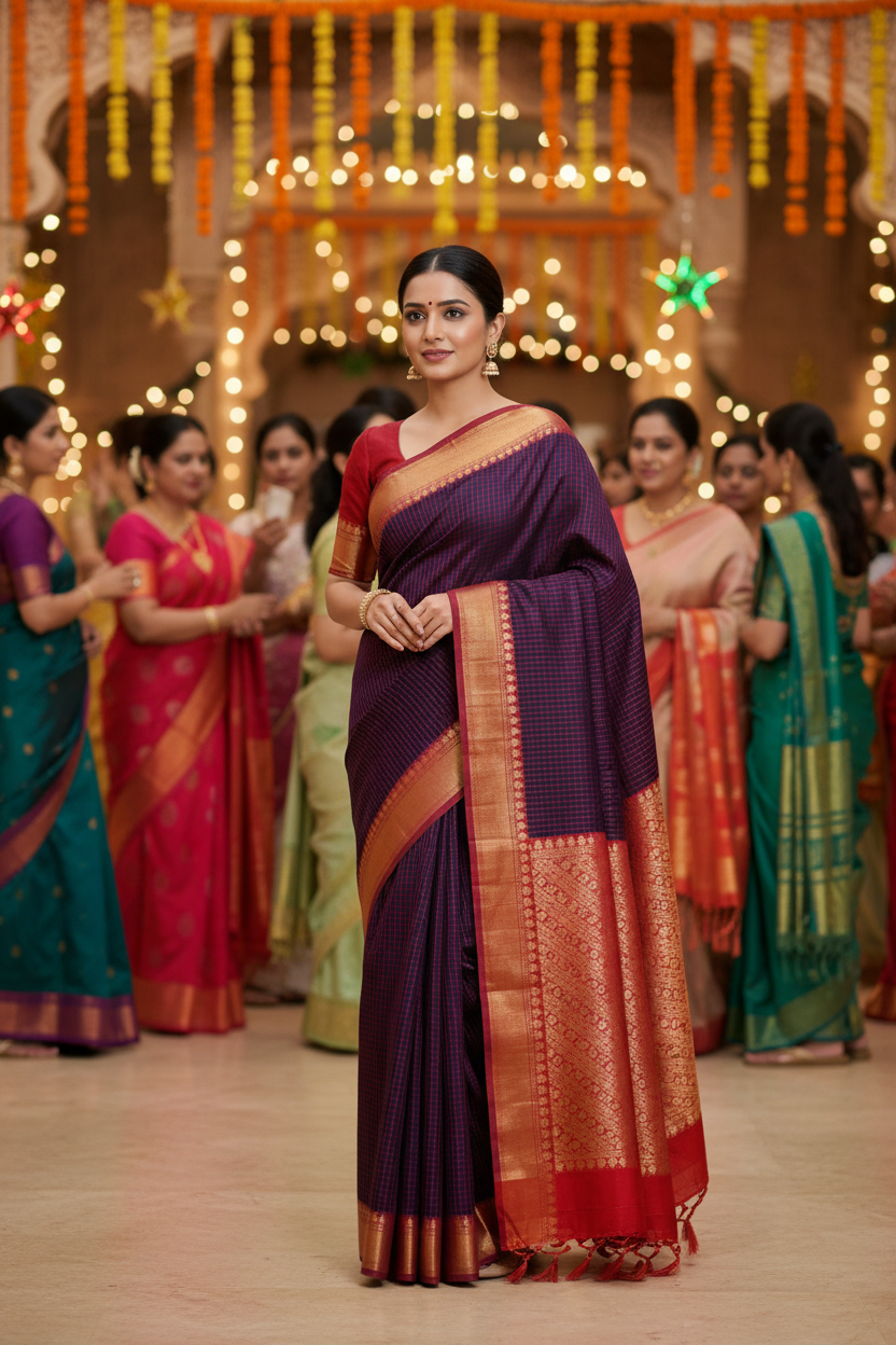 Vintage Deep Purple Cotton Saree | Fine checks