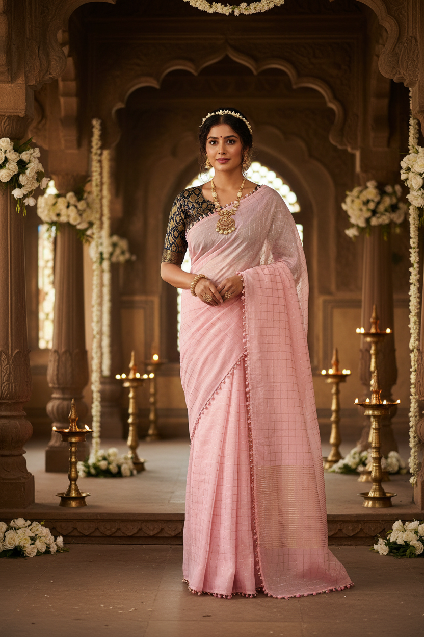 Blush Pink Checked Cotton Saree