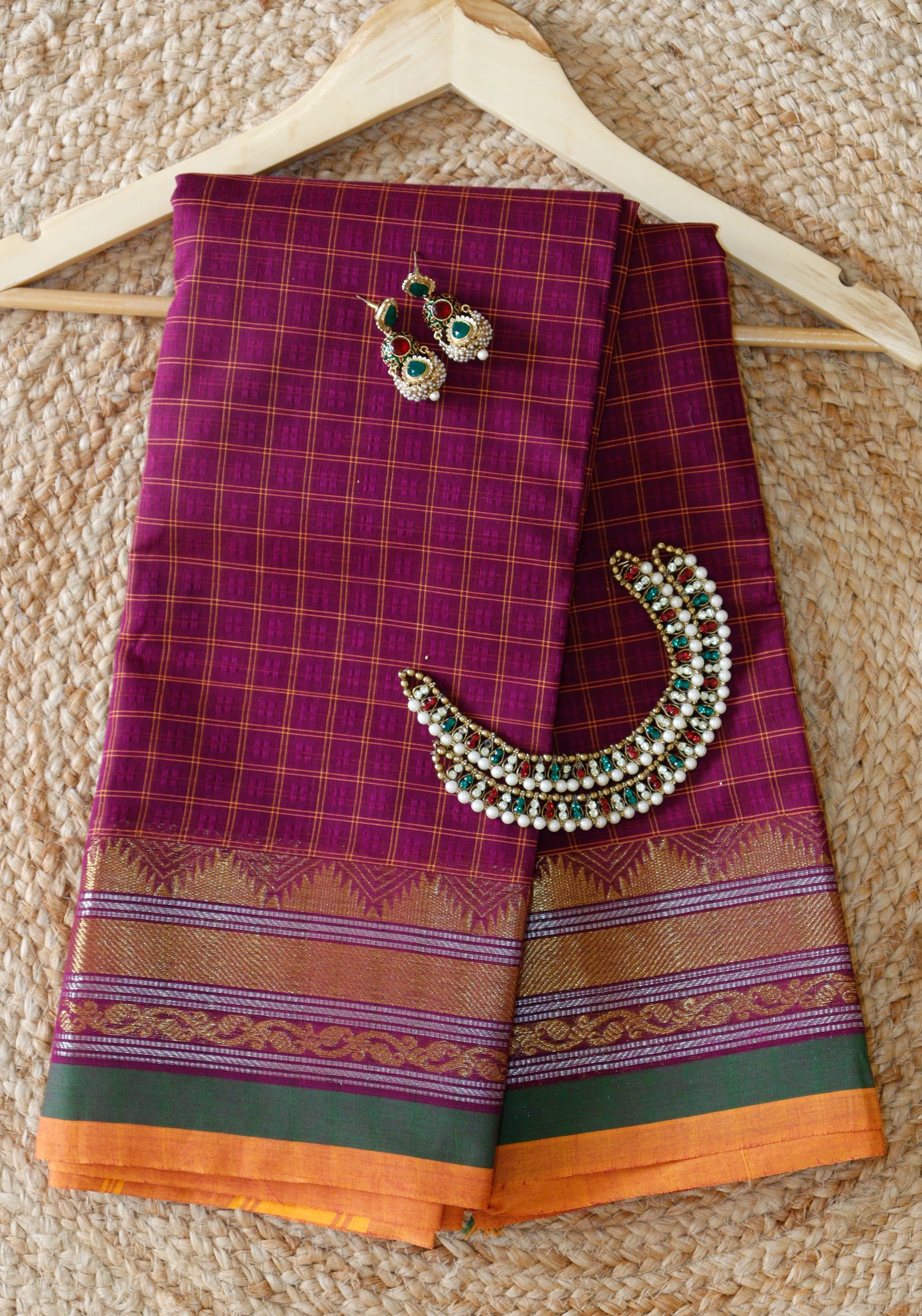 Royal Wine Cotton Saree - Broad Checks