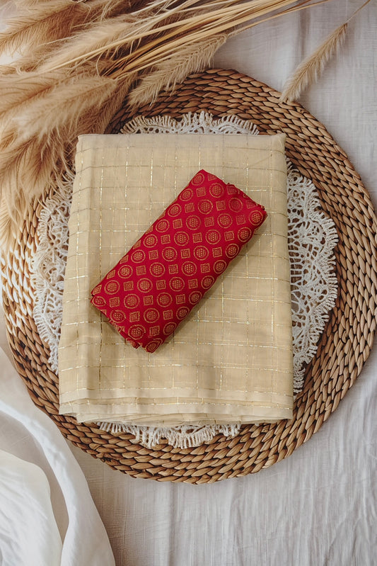 Ivory Checked Cotton Saree
