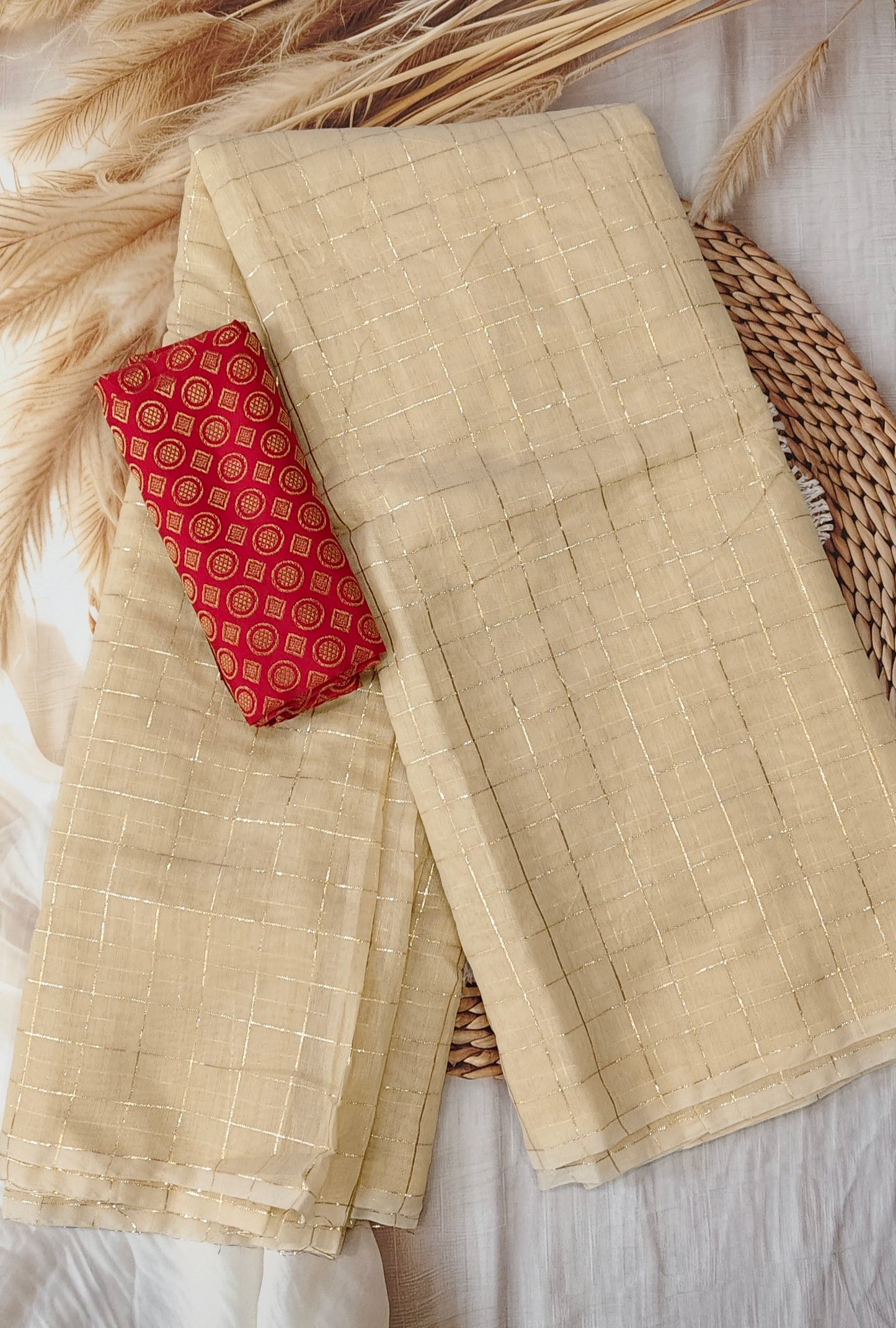 Ivory Checked Cotton Saree