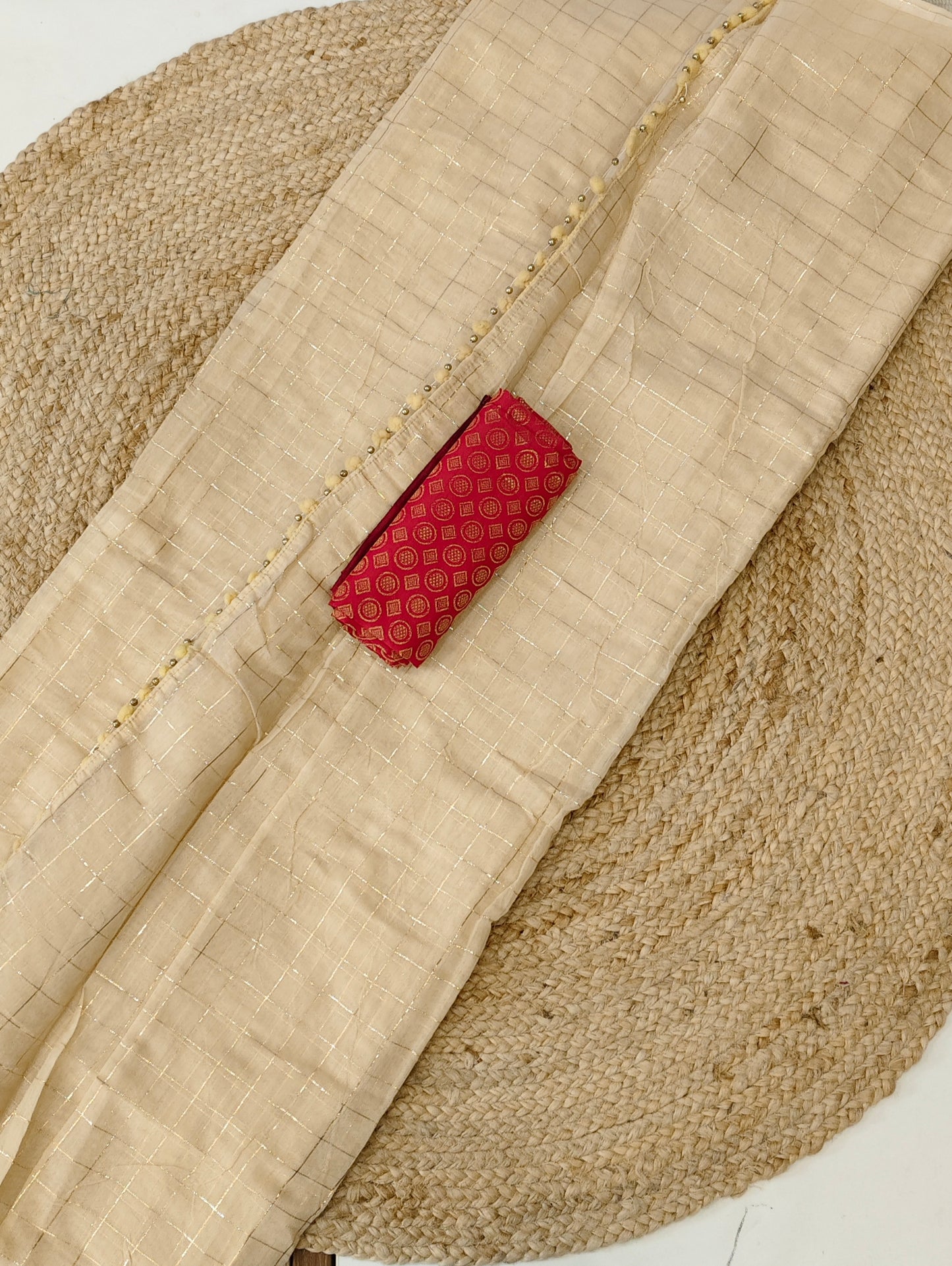 Ivory Checked Cotton Saree