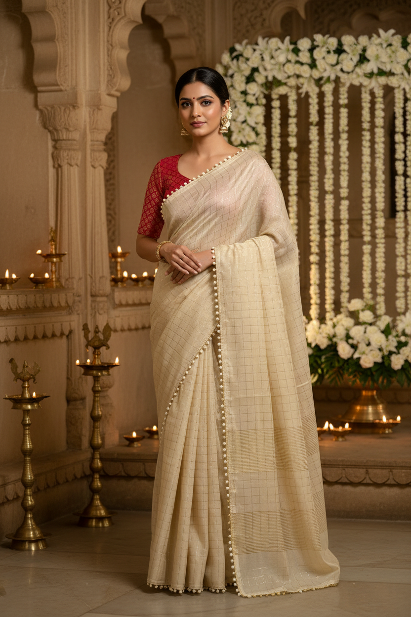Ivory Checked Cotton Saree
