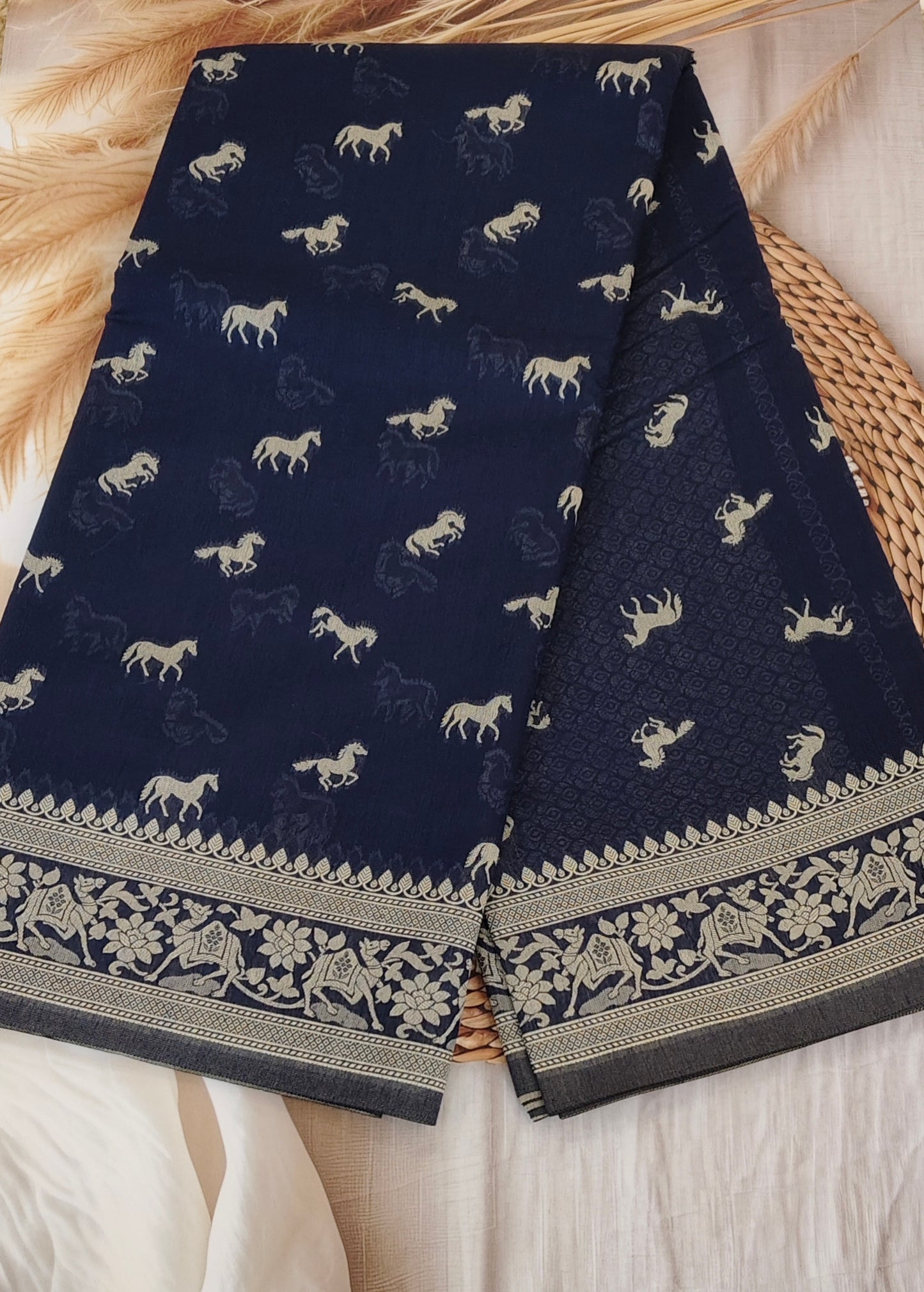 Navy Blue Banarasi Cotton Saree