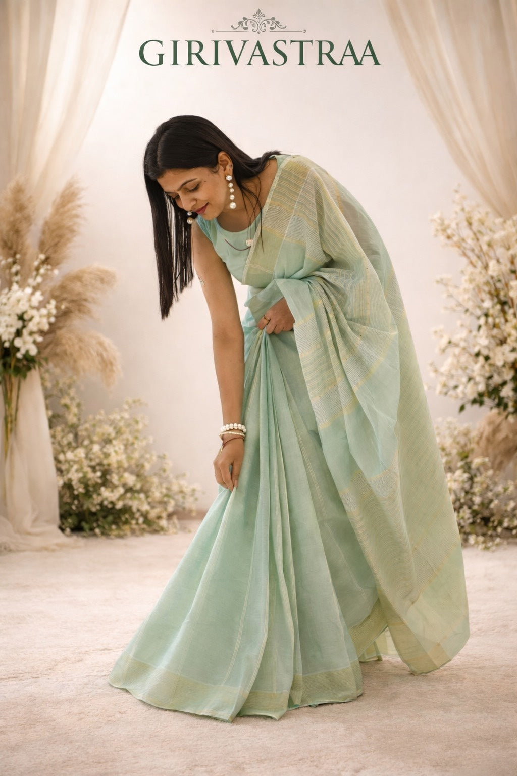Mint Green Jute Cotton Saree - Fine Stripes