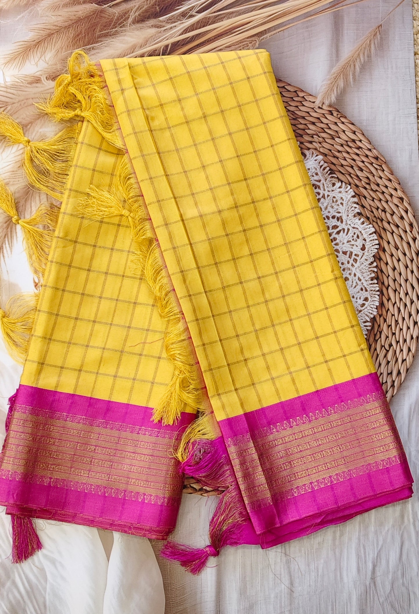 Yellow Soft Cotton Checked Saree