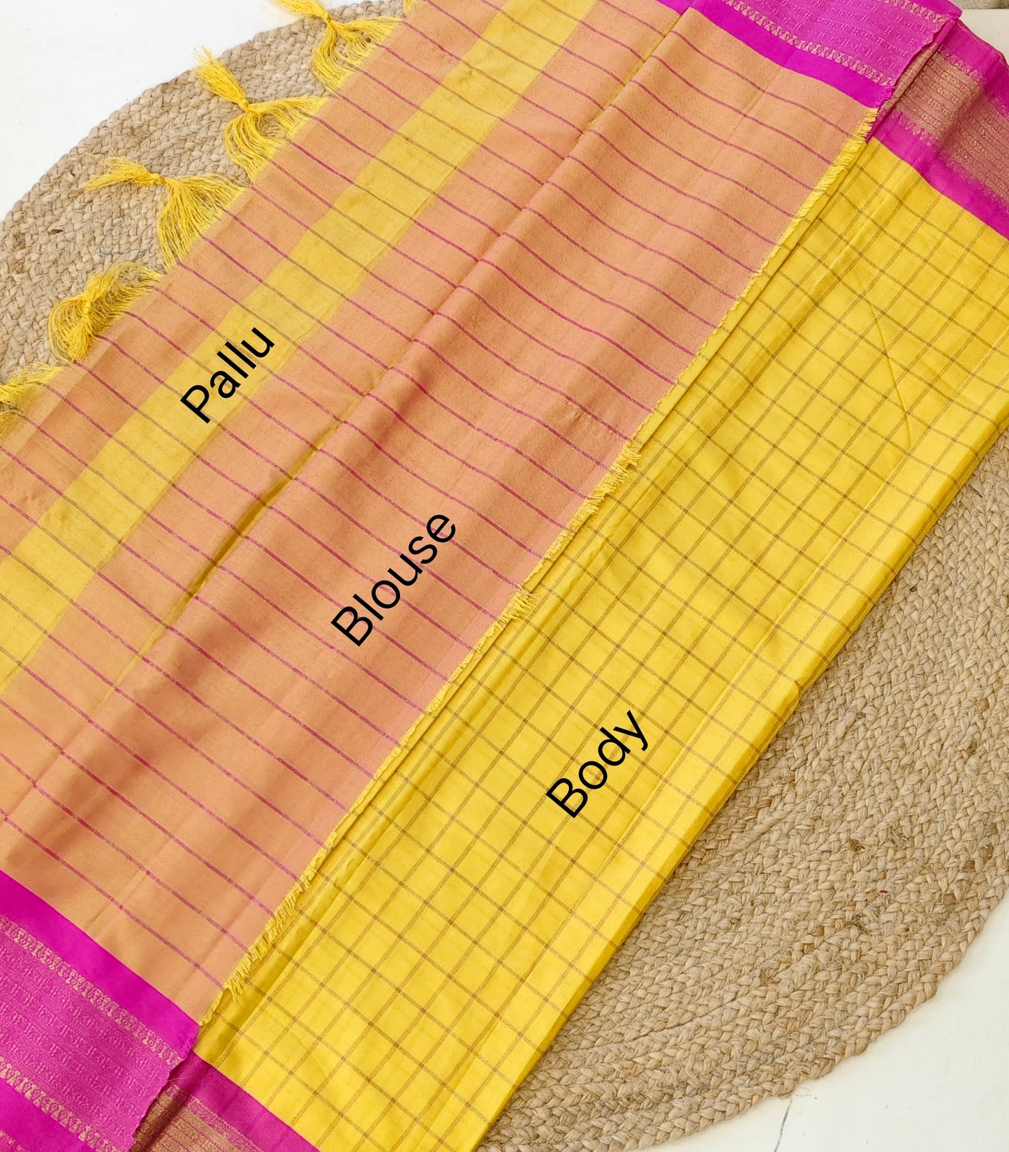 Yellow Soft Cotton Checked Saree