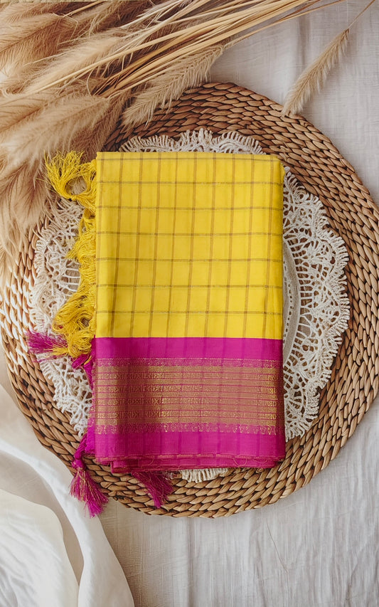 Yellow Soft Cotton Checked Saree