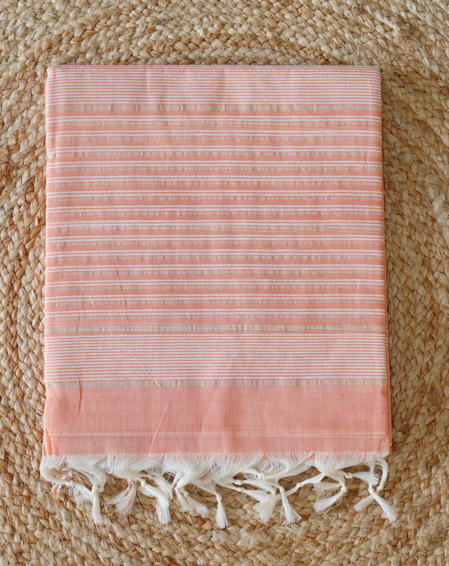 Orange Jute Cotton Saree - Fine Stripes