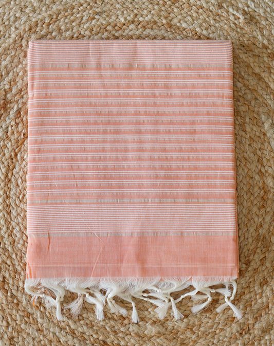Orange Jute Cotton Saree - Fine Stripes