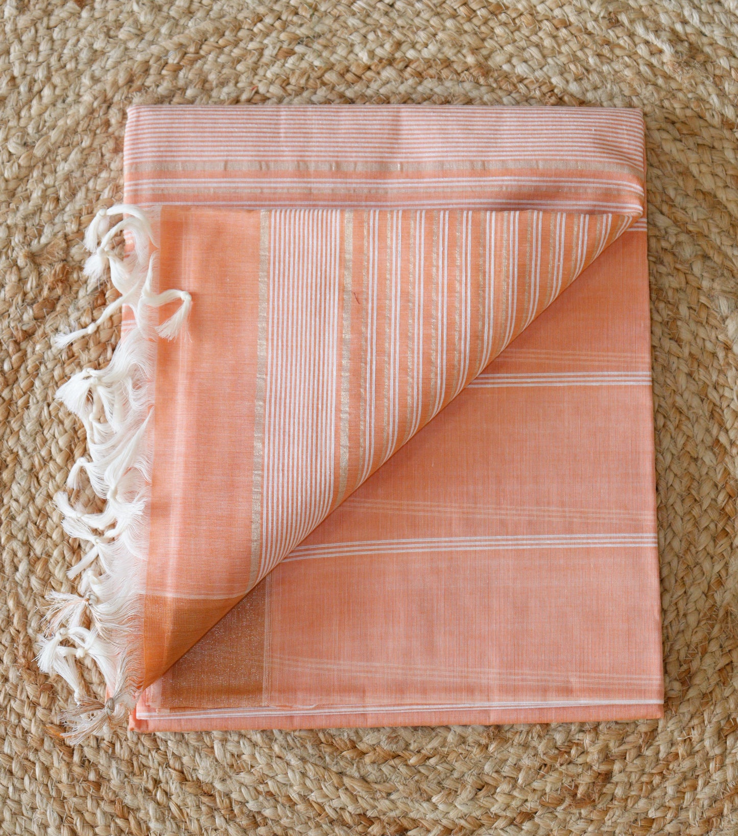 Orange Jute Cotton Saree - Fine Stripes