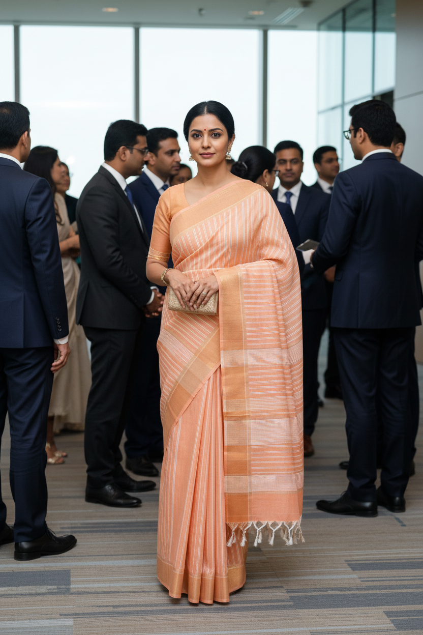 Orange Jute Cotton Saree - Fine Stripes