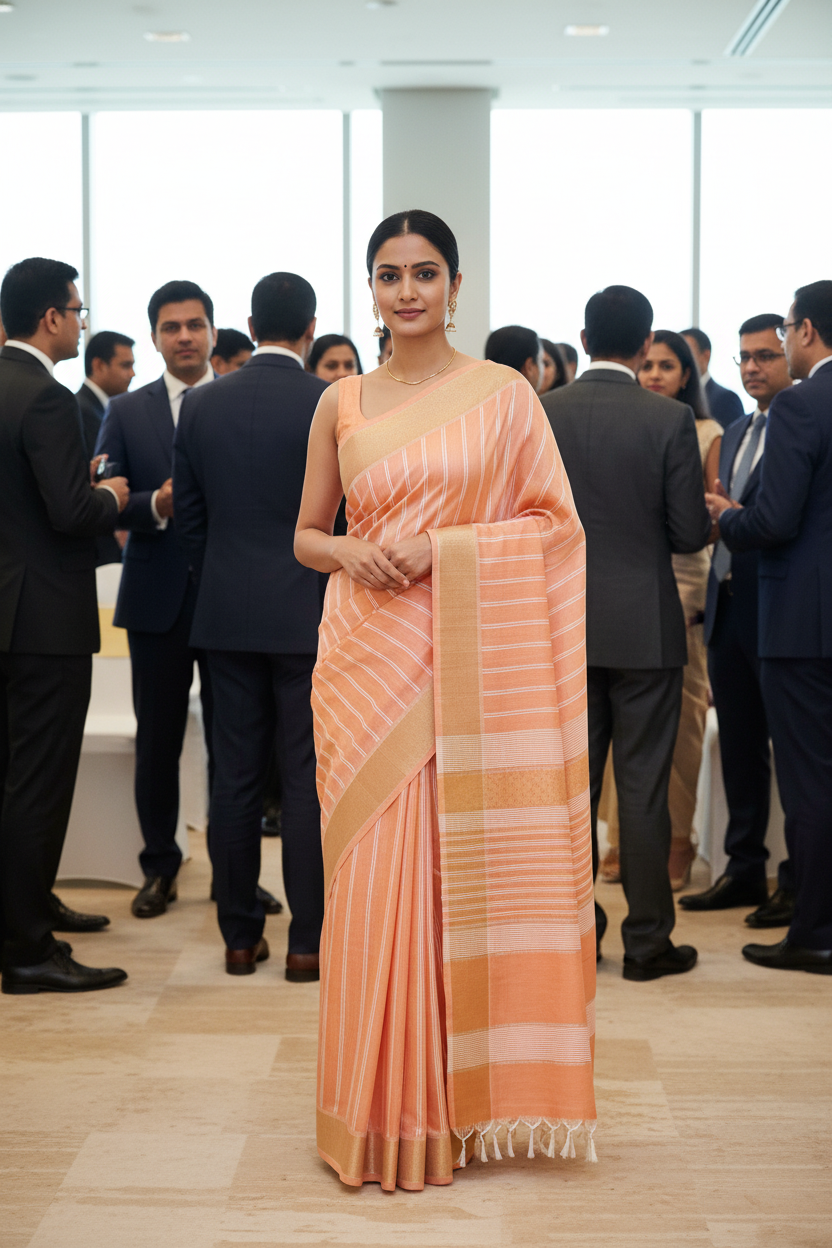 Orange Jute Cotton Saree - Fine Stripes
