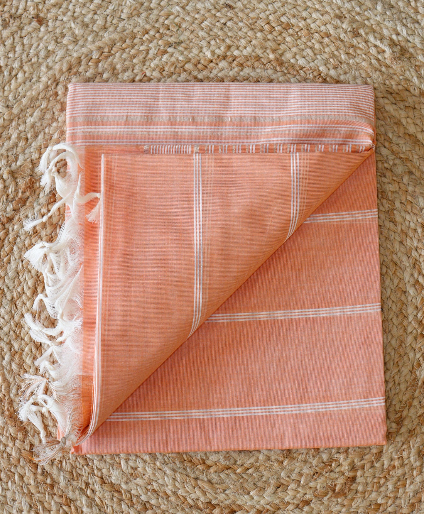 Orange Jute Cotton Saree - Fine Stripes