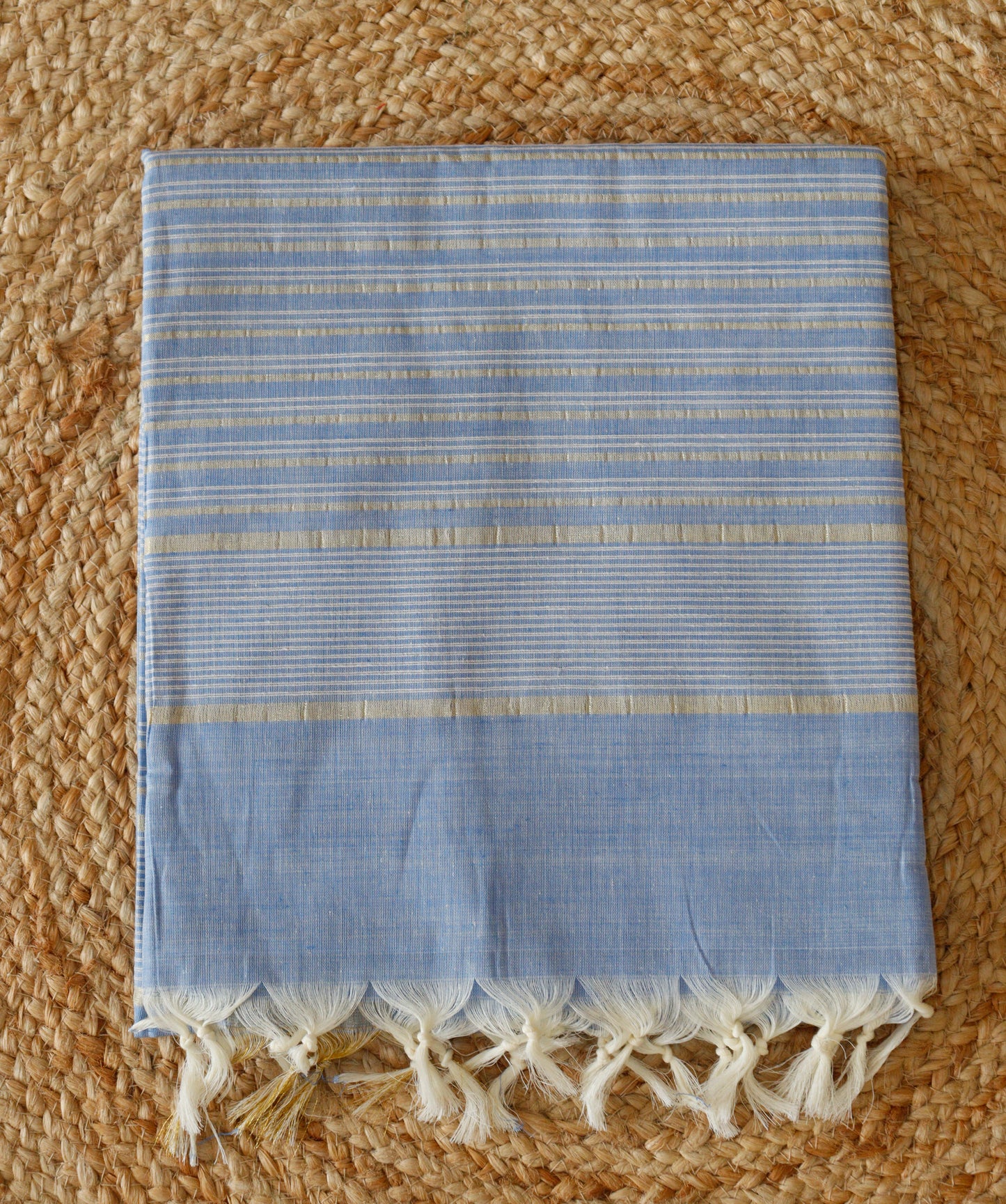 Blue Jute Cotton Saree - Fine Stripes