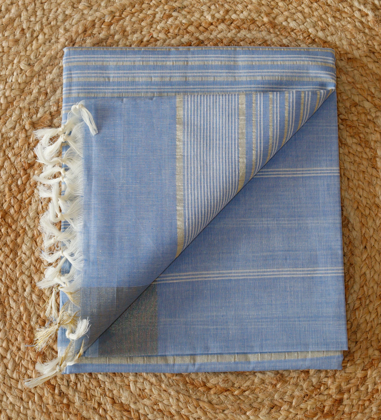 Blue Jute Cotton Saree - Fine Stripes