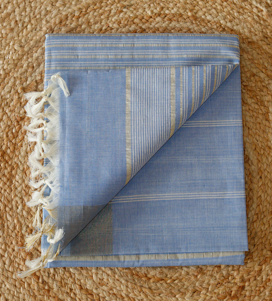 Blue Jute Cotton Saree - Fine Stripes