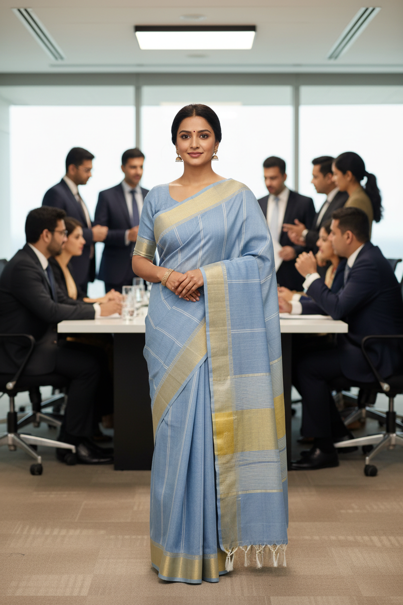 Blue Jute Cotton Saree - Fine Stripes