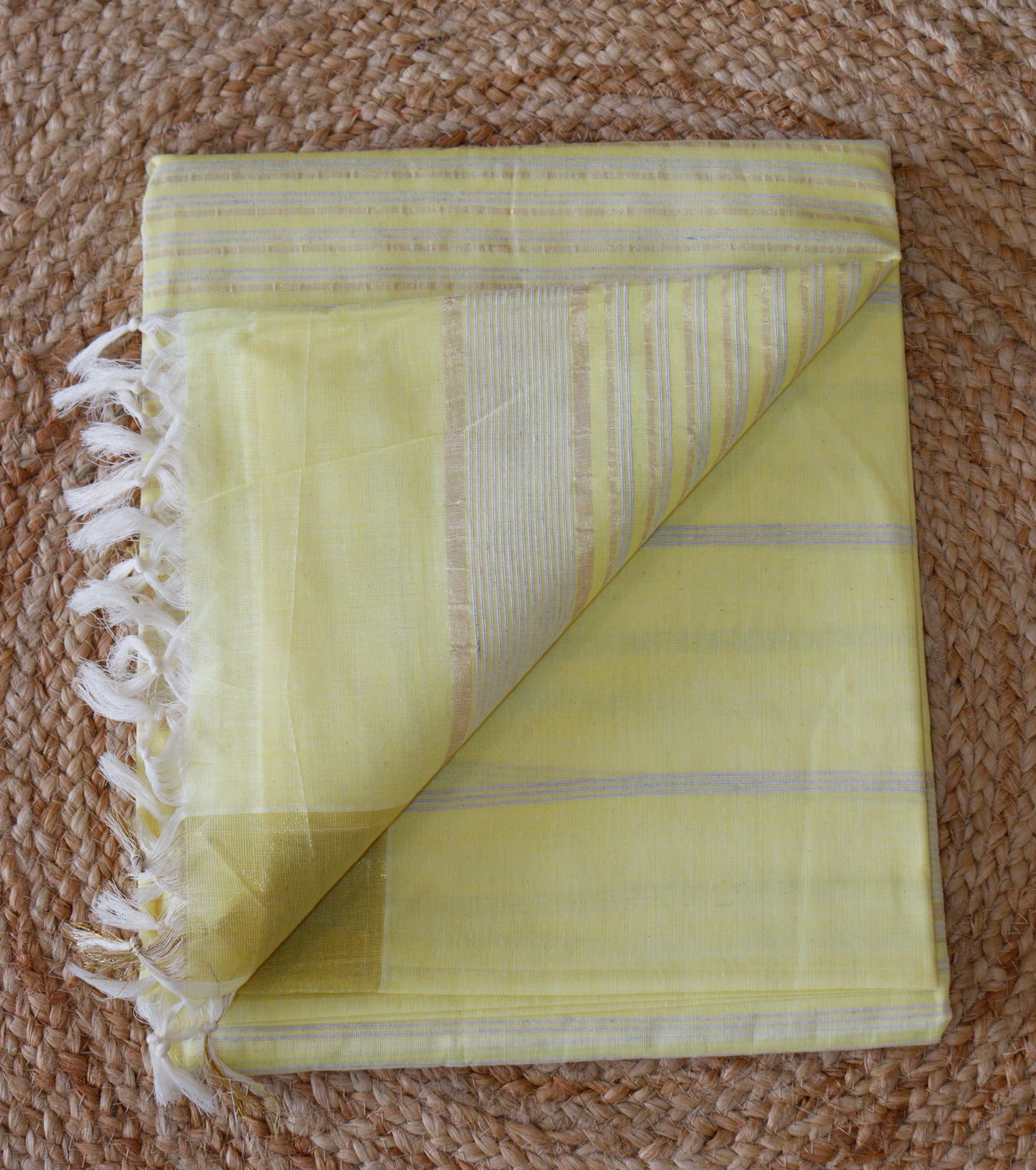 Soft Yellow Jute Cotton Saree - Fine Stripes