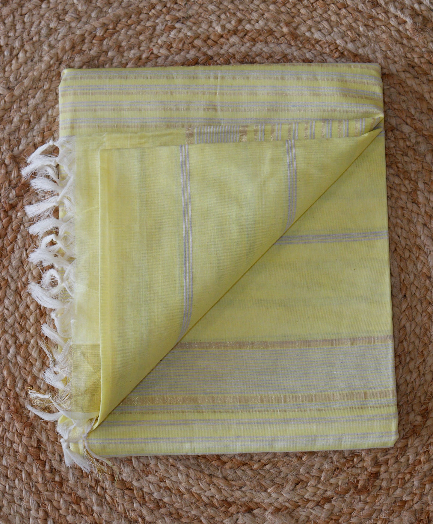 Soft Yellow Jute Cotton Saree - Fine Stripes
