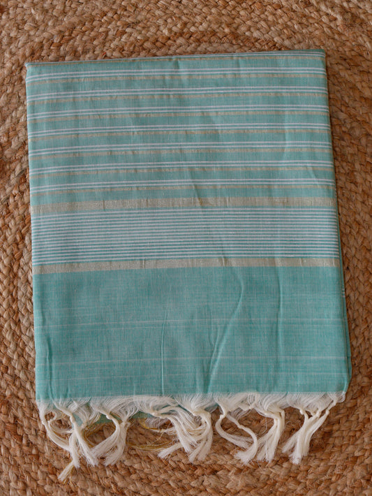 Mint Green Jute Cotton Saree - Fine Stripes