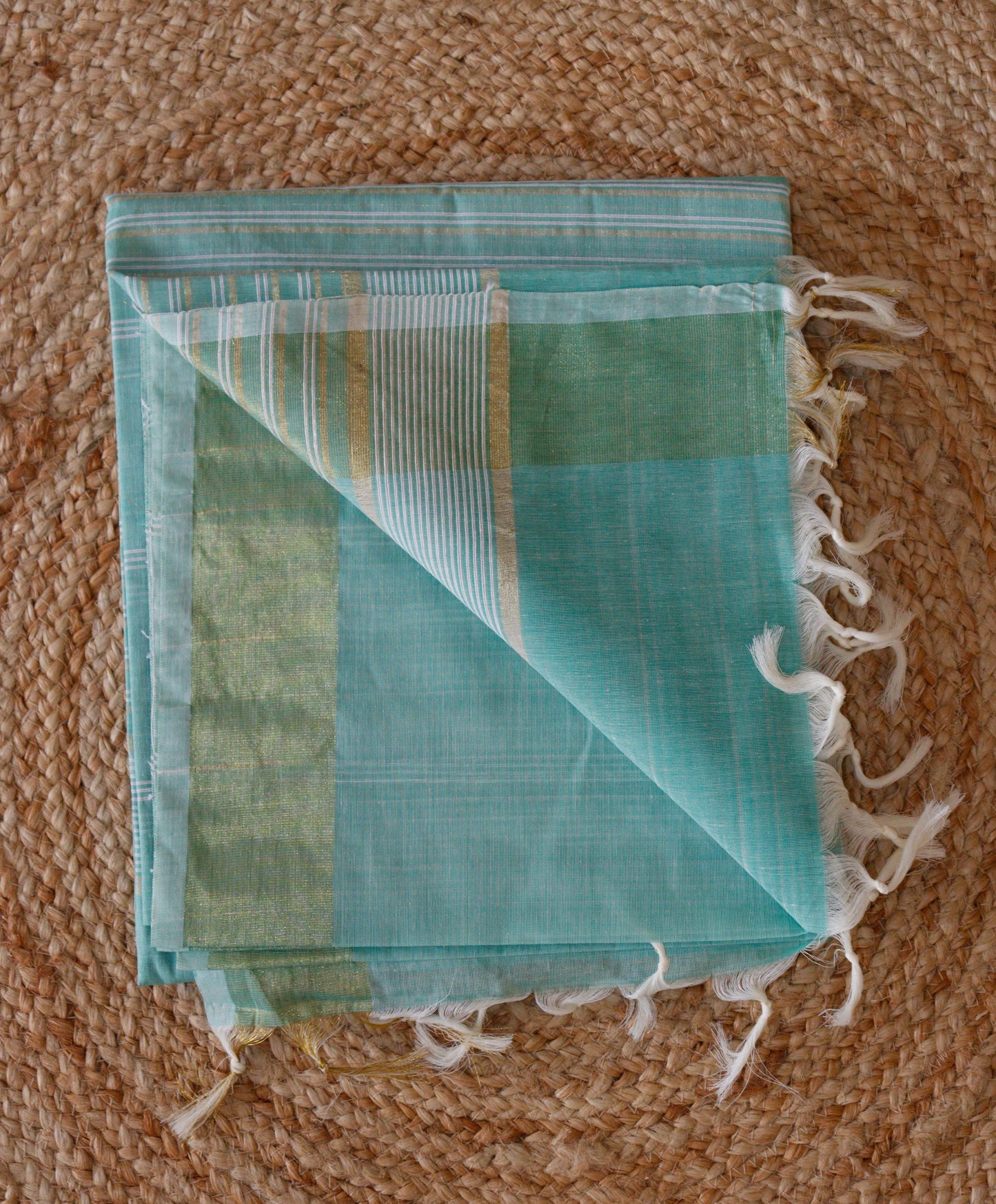 Mint Green Jute Cotton Saree - Fine Stripes