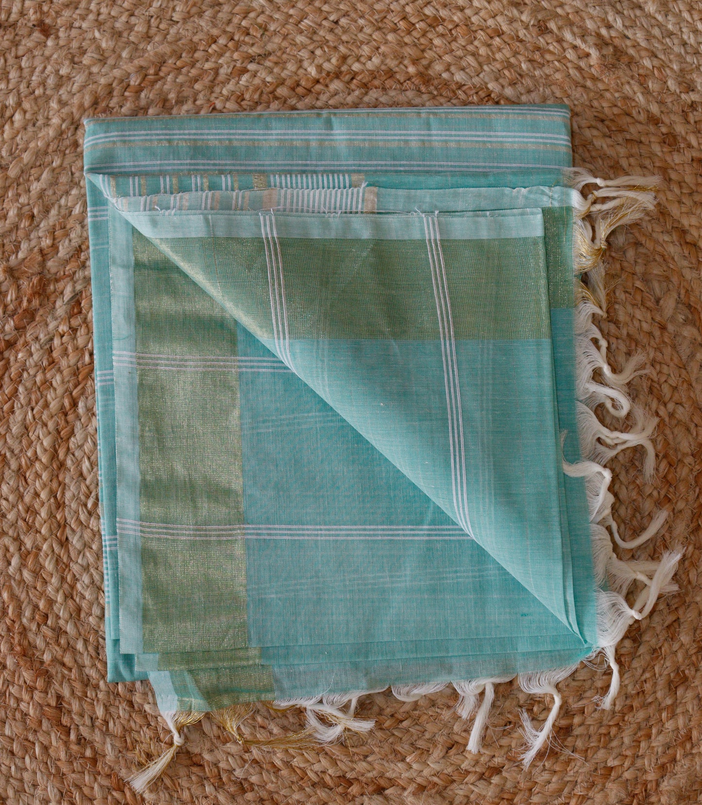 Mint Green Jute Cotton Saree - Fine Stripes