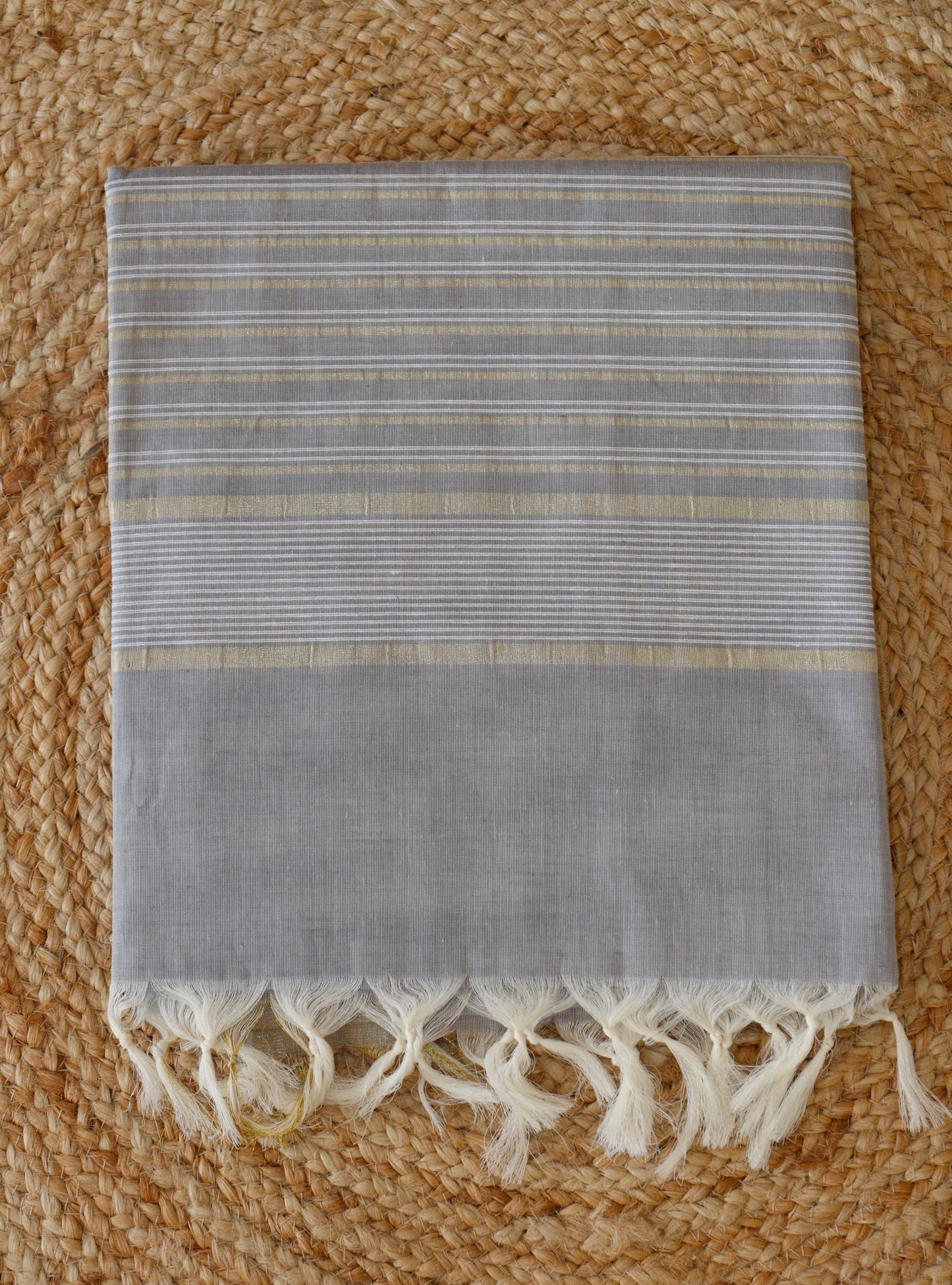 Light Grey Jute Cotton Saree - Fine Stripes