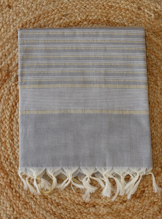 Light Grey Jute Cotton Saree - Fine Stripes