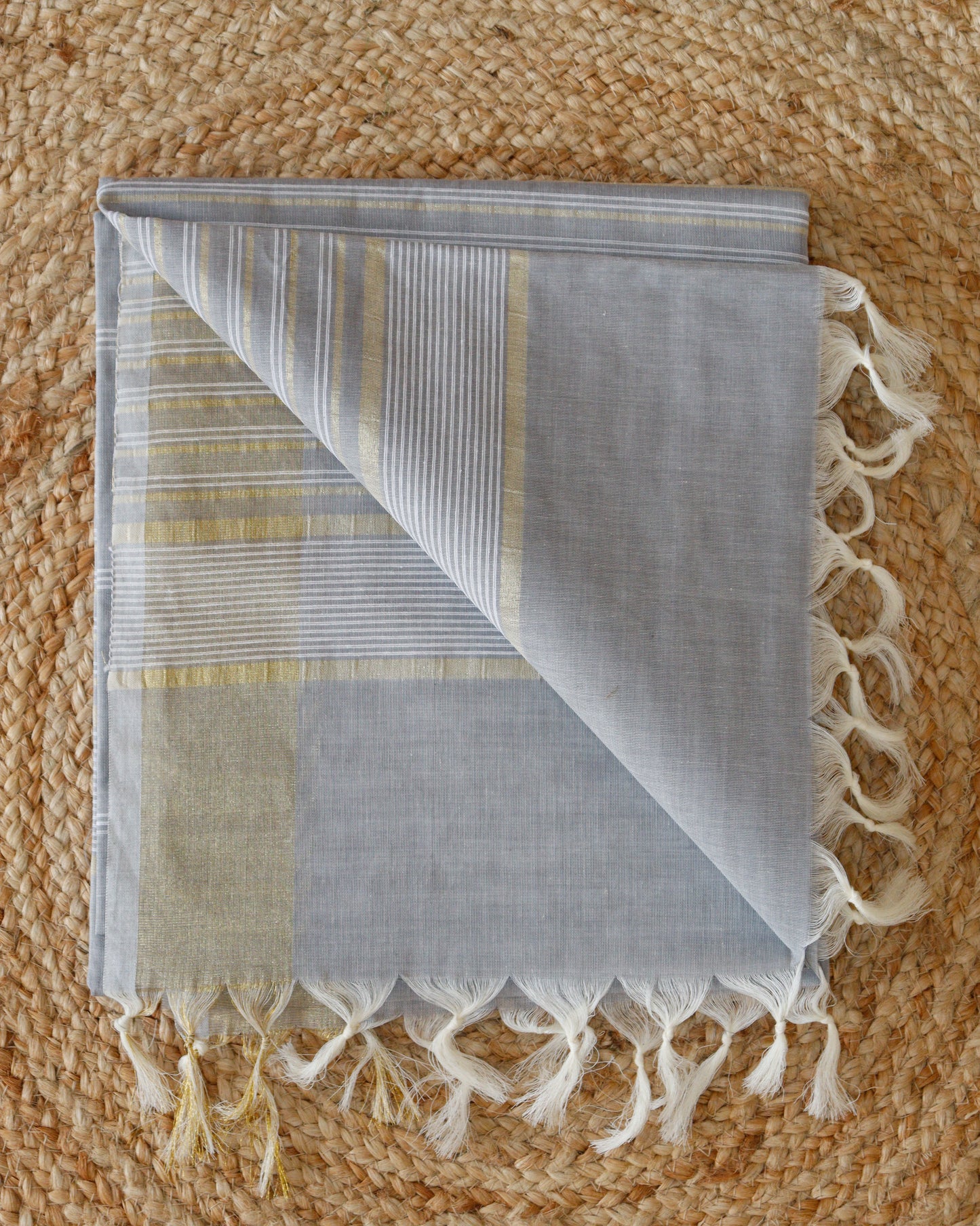 Light Grey Jute Cotton Saree - Fine Stripes