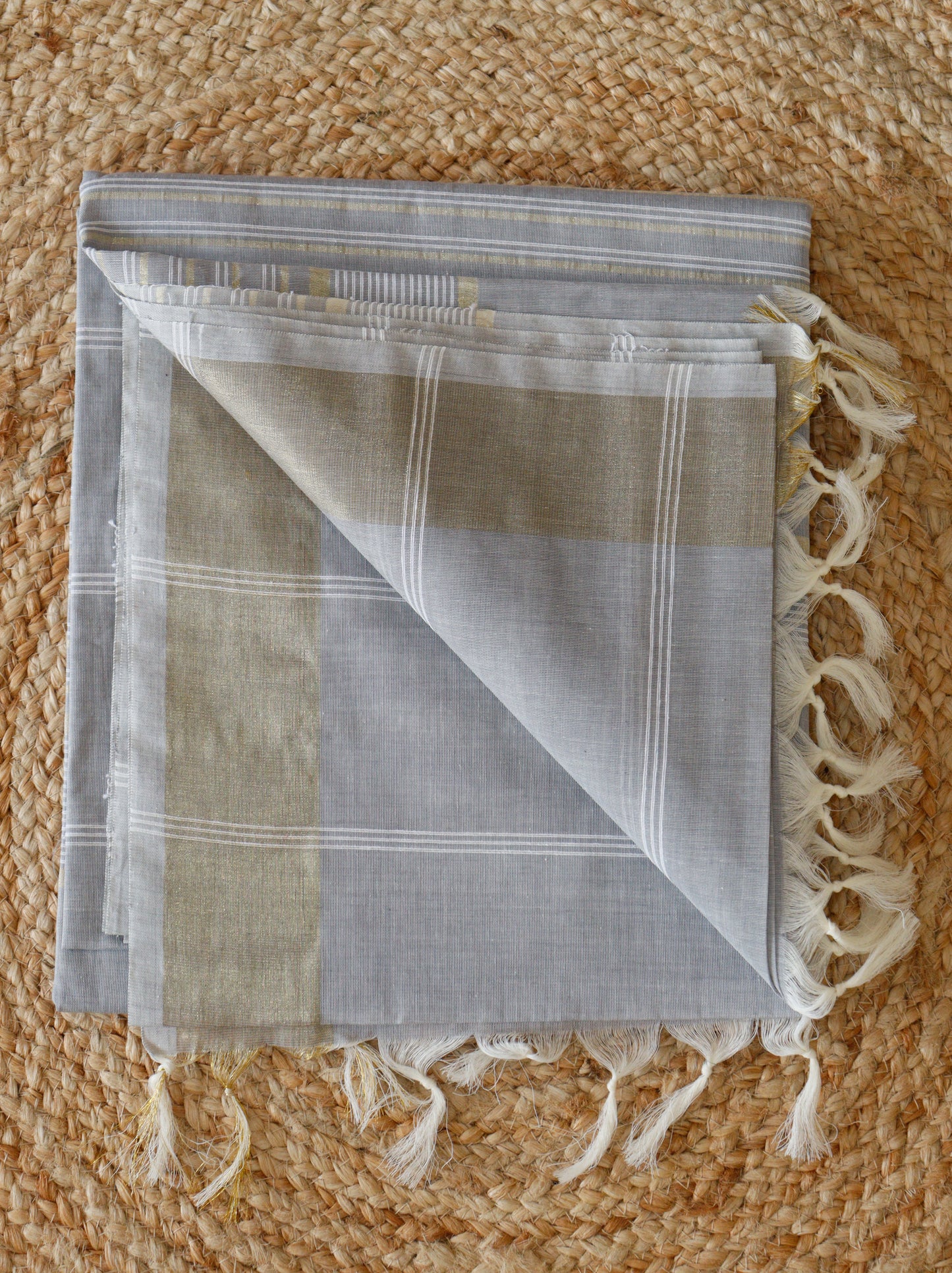 Light Grey Jute Cotton Saree - Fine Stripes