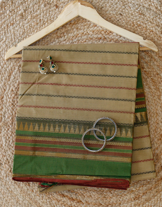 Light Green Cotton Saree - Timeless Stripes