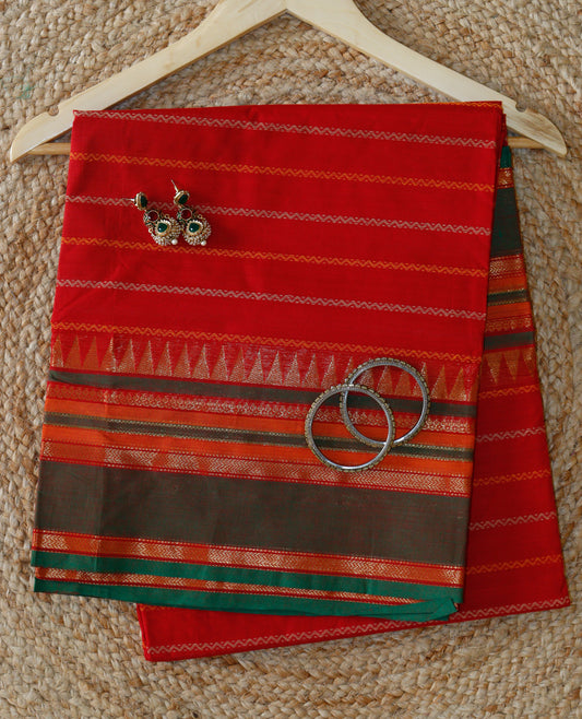 Classic Red Cotton Saree - Timeless Stripes