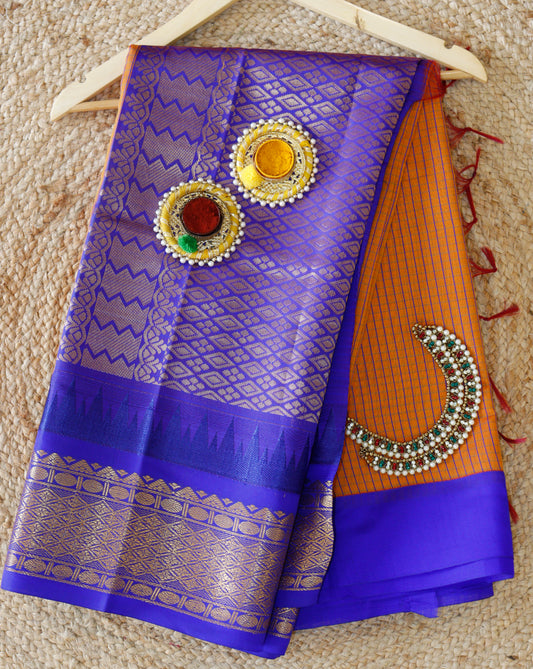 Vintage Orange Cotton Saree | Fine checks