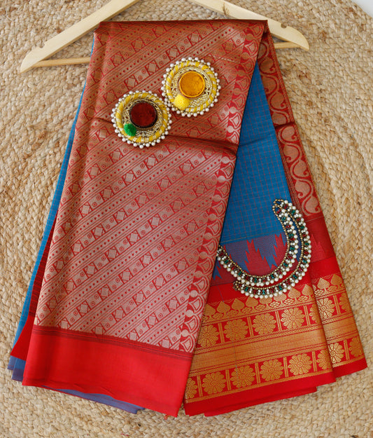 Vintage Indigo Blue Cotton Saree | Fine checks