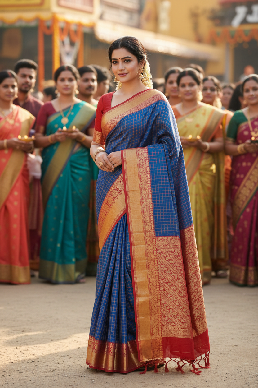Vintage Indigo Blue Cotton Saree | Fine checks