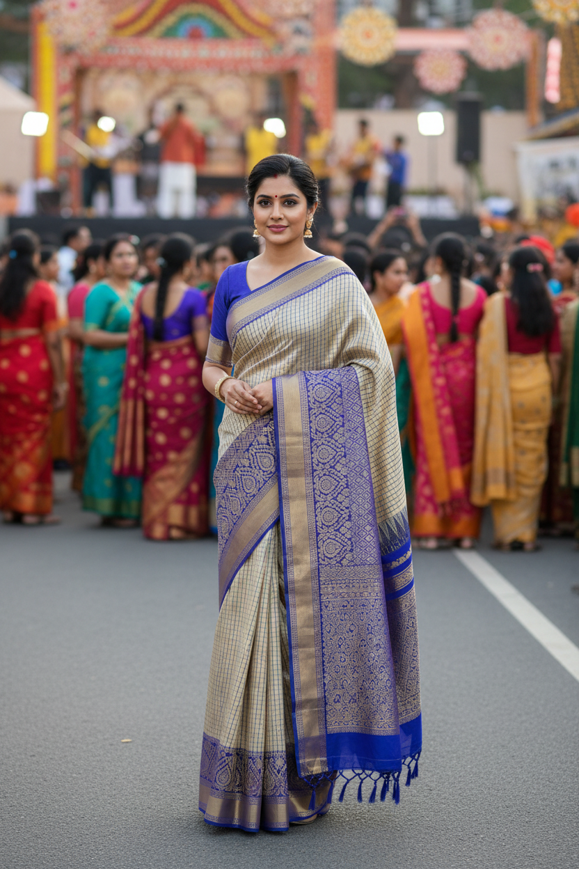 Vintage Off-White Cotton Saree | Fine checks