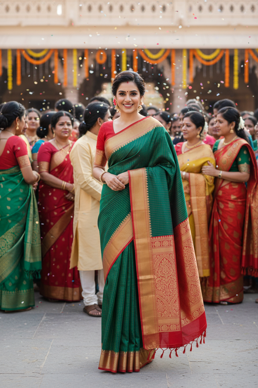 Vintage Green Cotton Saree | Fine checks