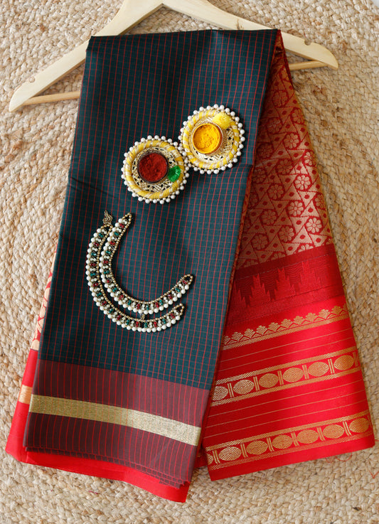 Vintage Forest Green Cotton Saree | Fine checks