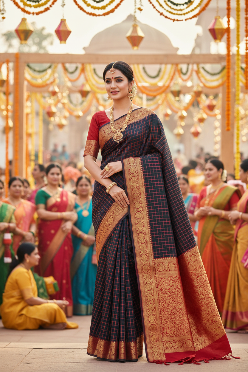 Vintage Forest Green Cotton Saree | Fine checks