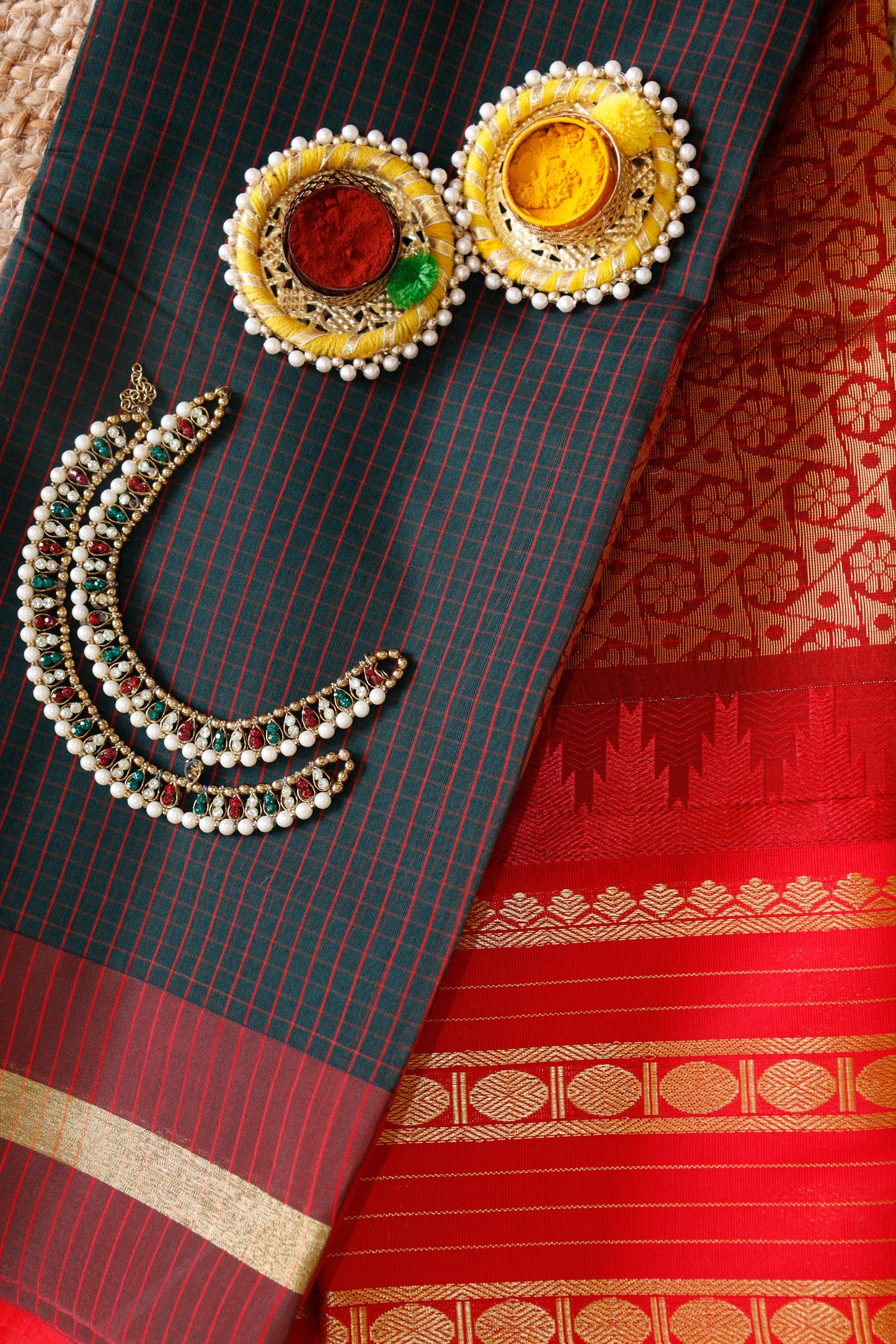 Vintage Forest Green Cotton Saree | Fine checks
